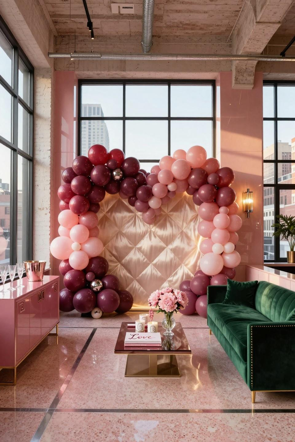 Heart balloons decoration with graduated ombré burgundy to blush arch and quilted champagne silk backdrop with LED lighting