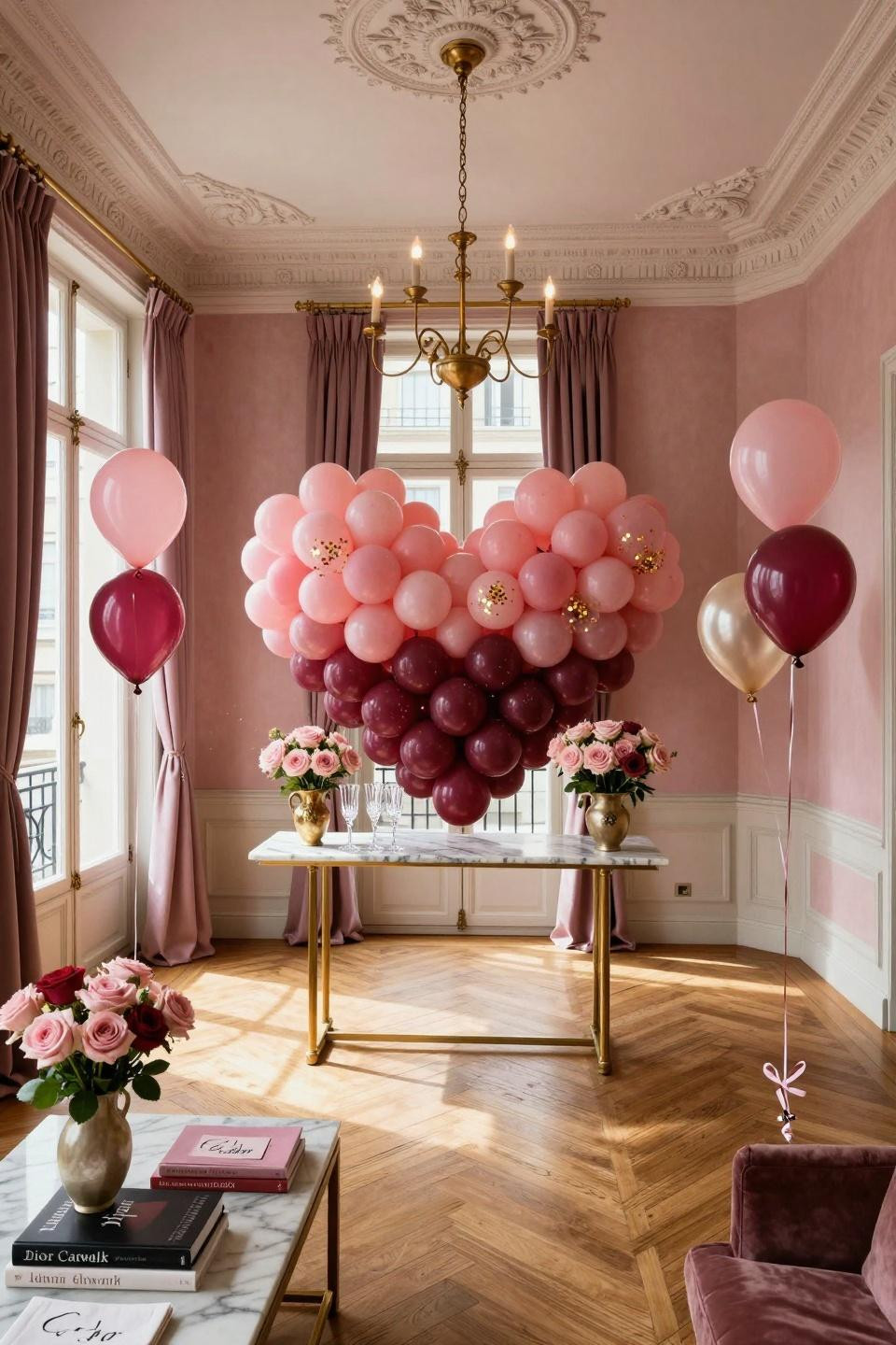 Valentines day balloon ideas featuring Geronimo Balloons installation with 24k gold leaf confetti in Haussmann apartment