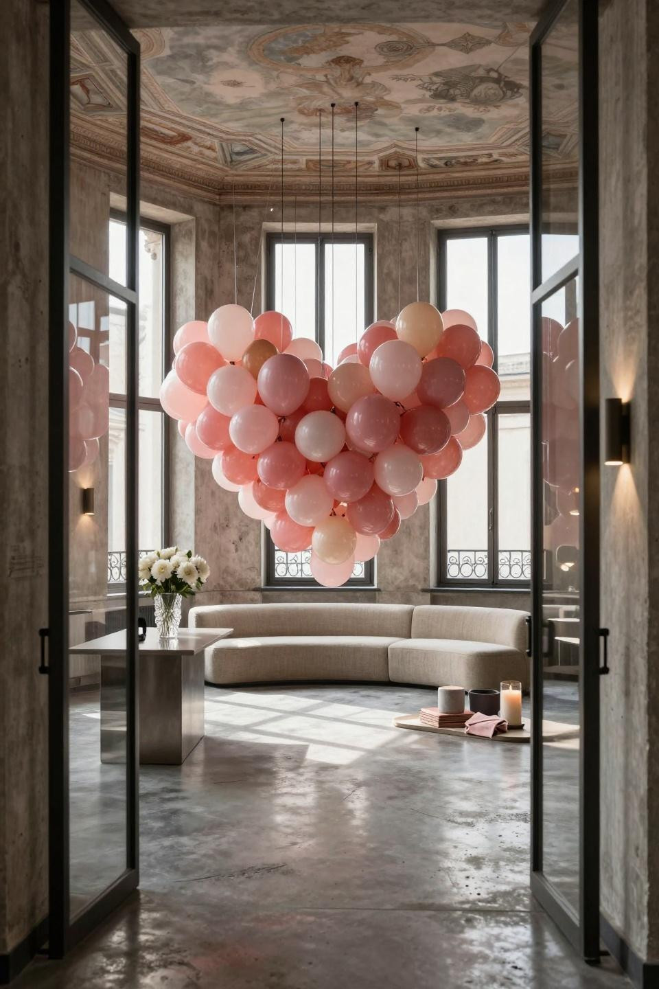 Valentines day backdrop featuring suspended heart balloon cluster in Milanese centro storico villa with polished concrete