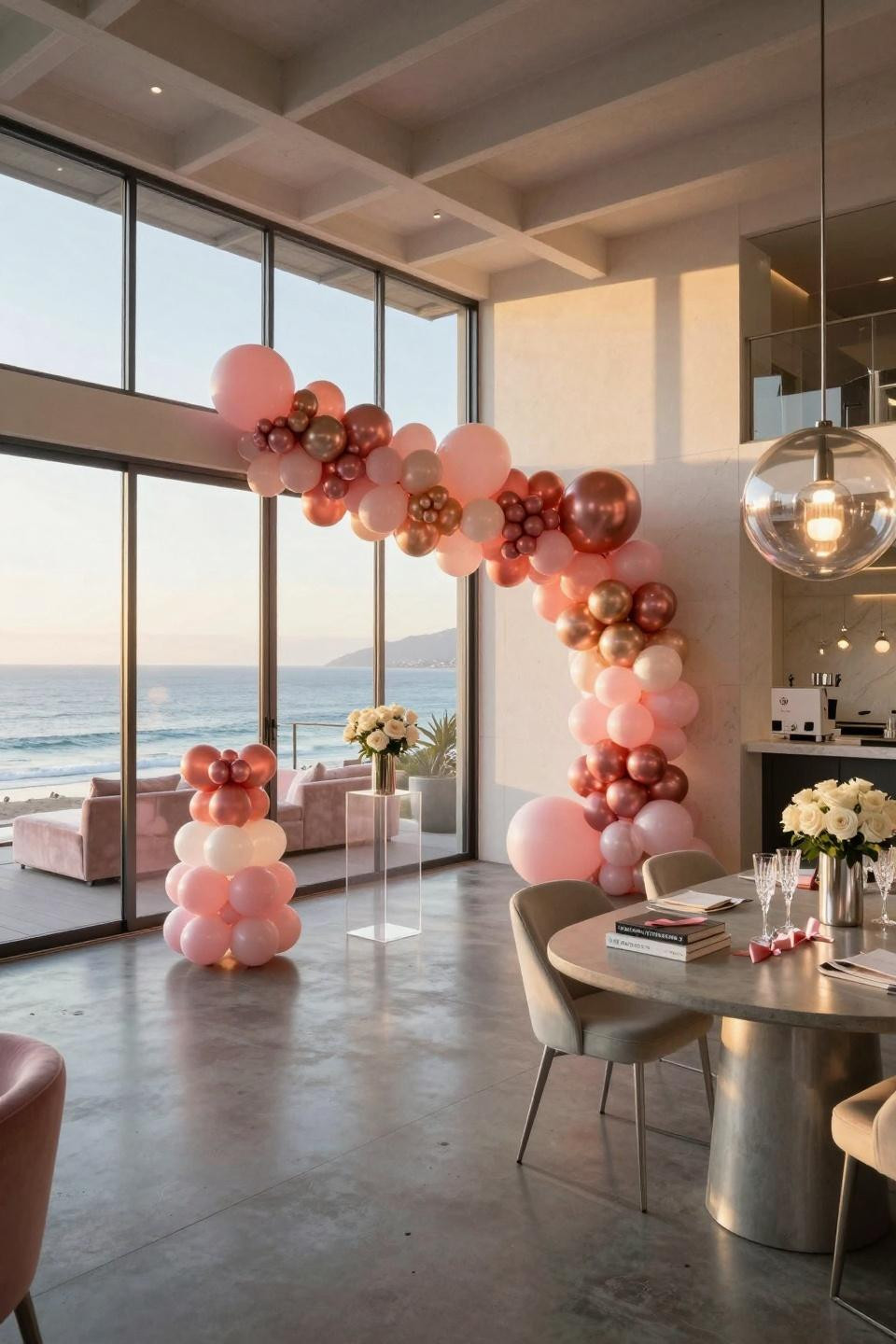 Valentine's day balloon bouquets in graduated ombré tones anchoring modern acrylic pedestals with ocean views
