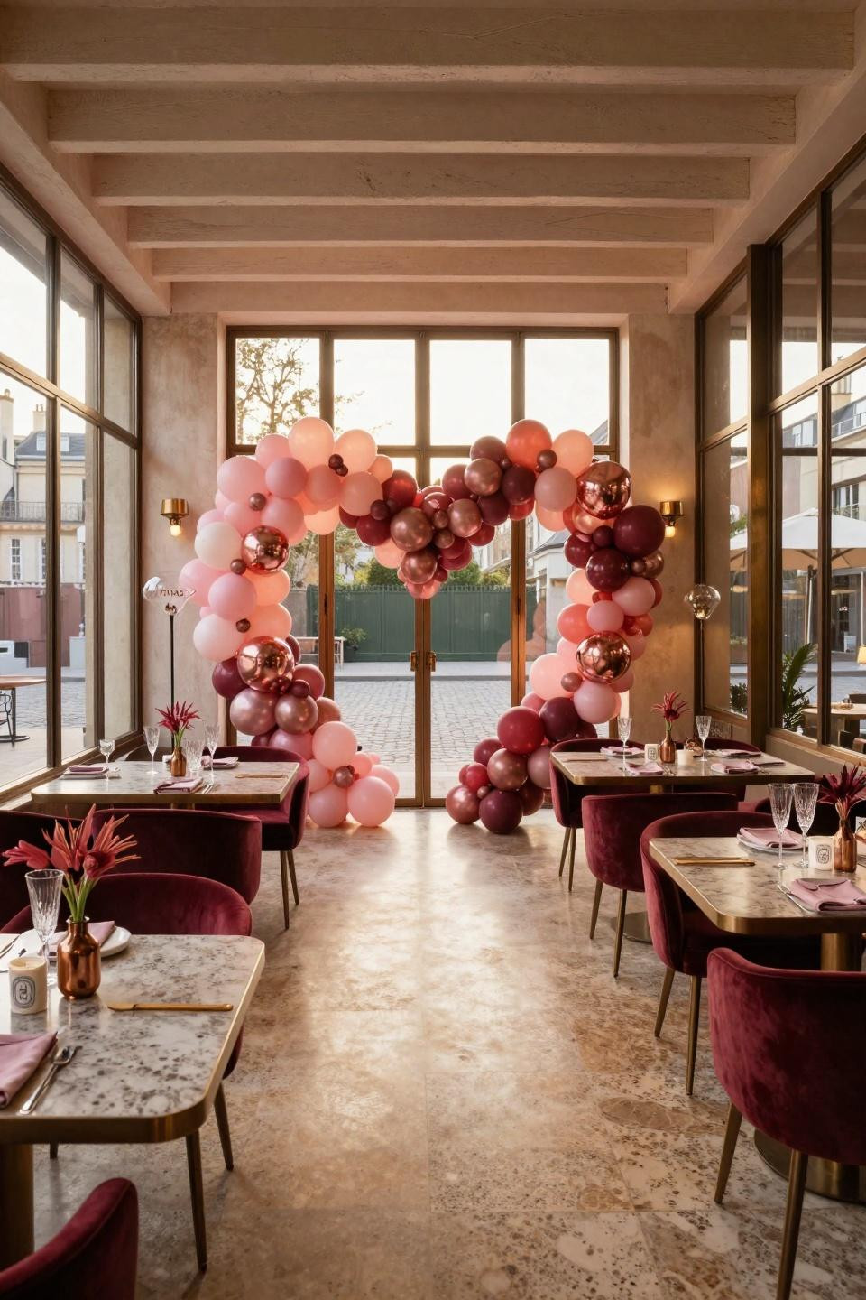Birthday backdrop featuring Valentine balloon arch in converted Parisian Haussmann loft with travertine floors