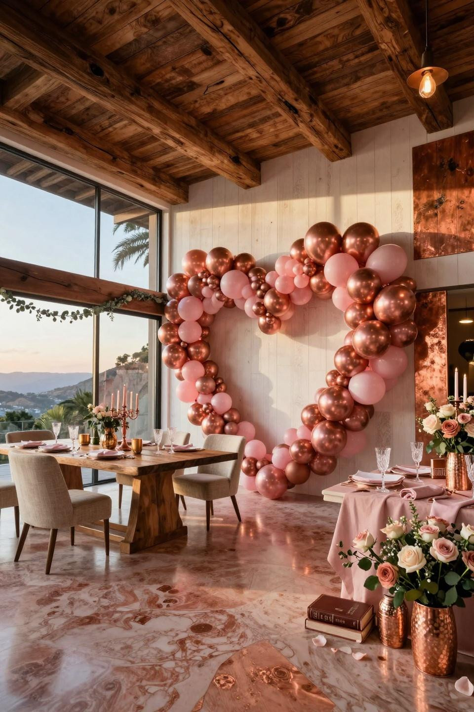 Heart balloon arch spanning fifteen feet in Beverly Hills estate with reclaimed Douglas fir beams