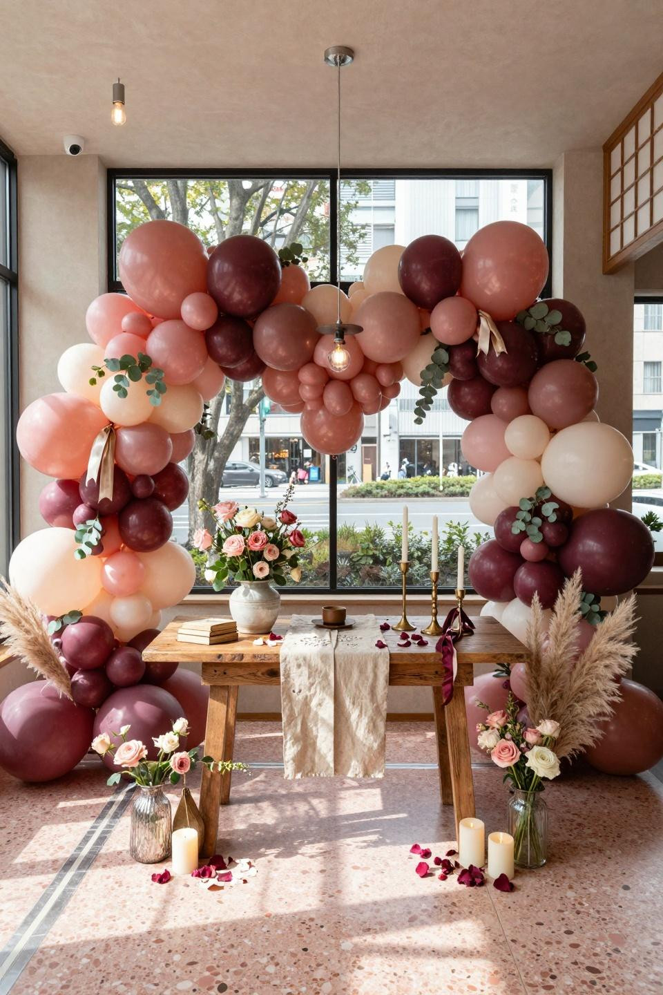 Birthday decoration ideas at home showing overhead flat-lay of Valentine balloon arch with eucalyptus garlands