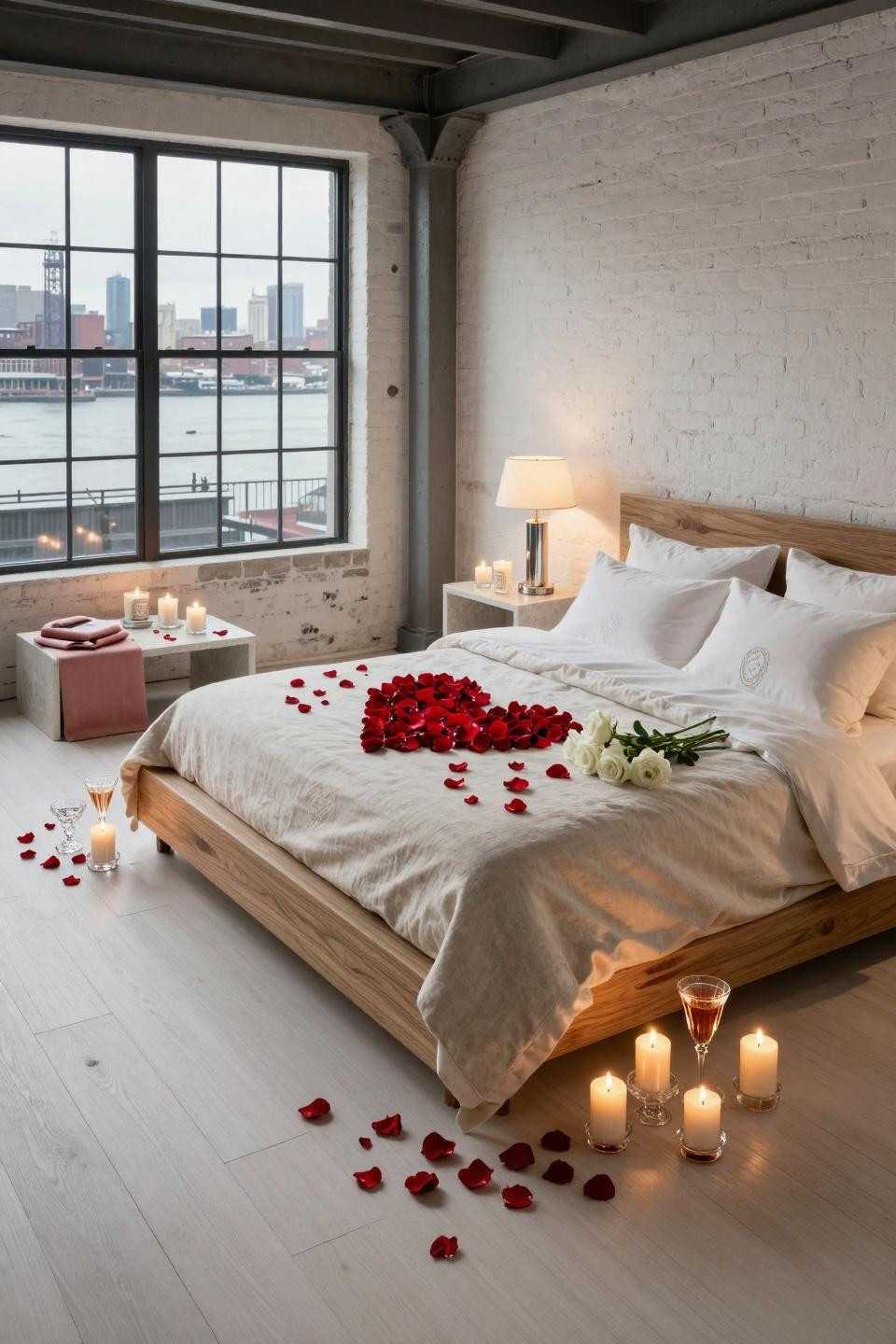 Valentine's Day home decor with Poliform cerused oak bed and limestone nightstands