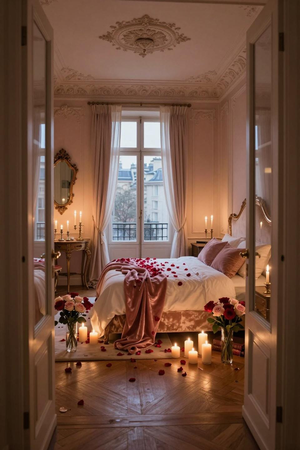 Valentine's Day home decor with champagne silk velvet bed and French doors