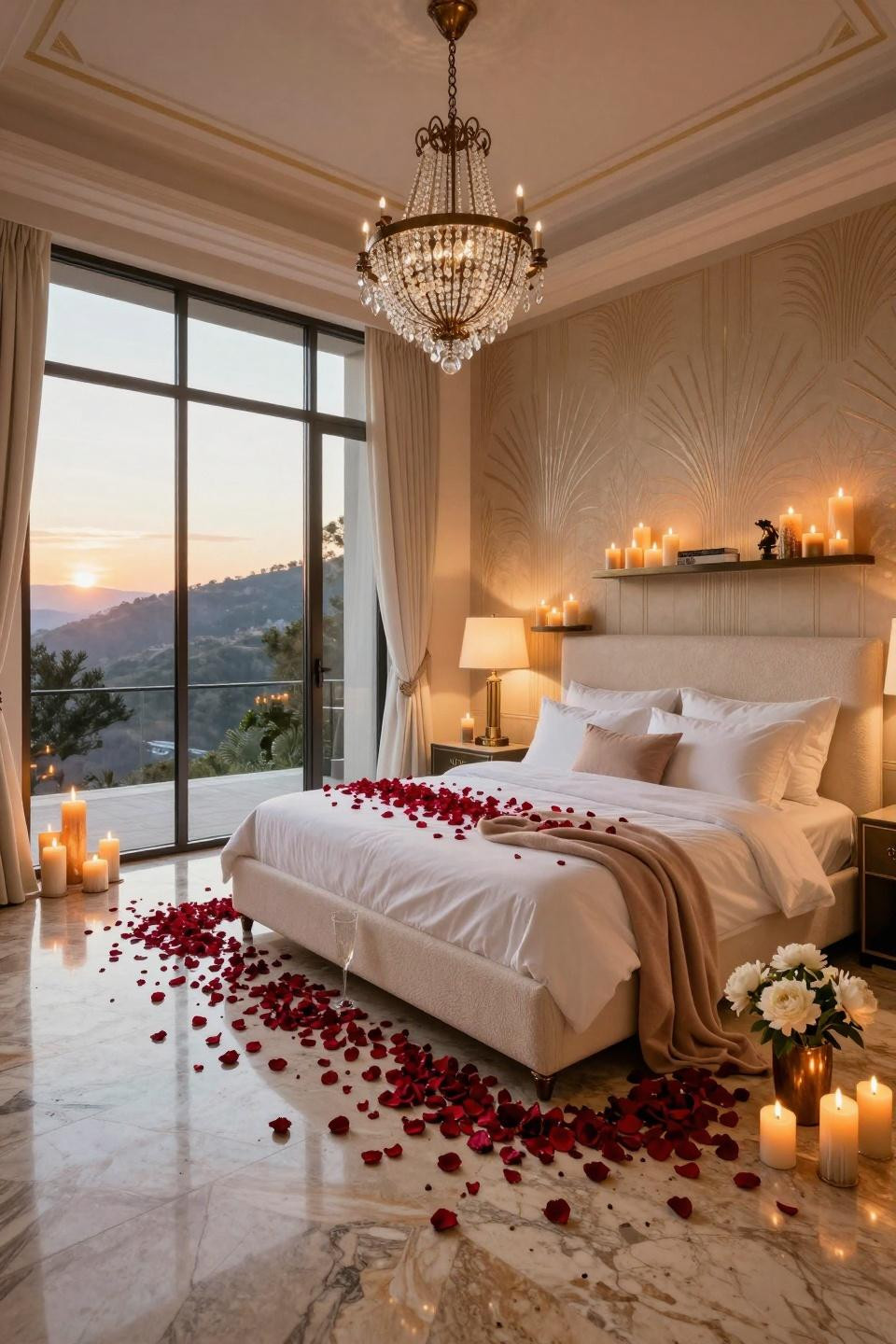 Valentine's Day home decor with Restoration Hardware bed and travertine flooring