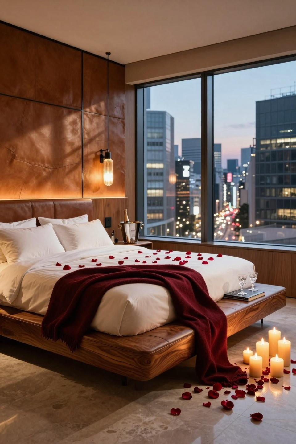 Valentine's Day home decor with Christian Liaigre rosewood bed and leather walls
