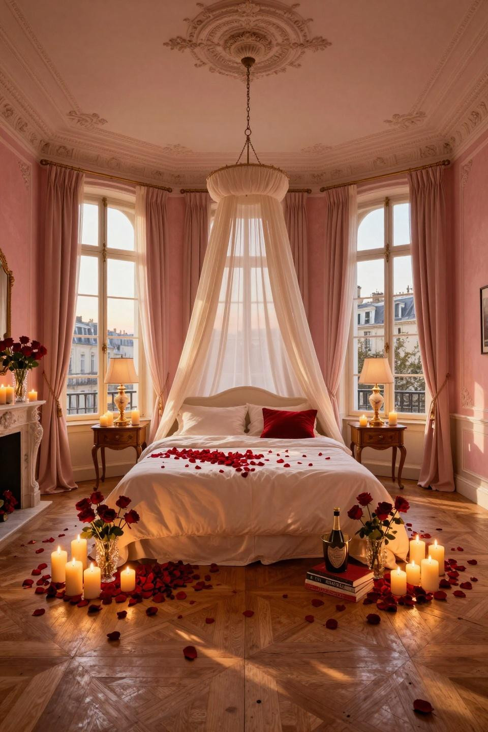 Valentine's Day home decor with silk canopy bed and Versailles parquet