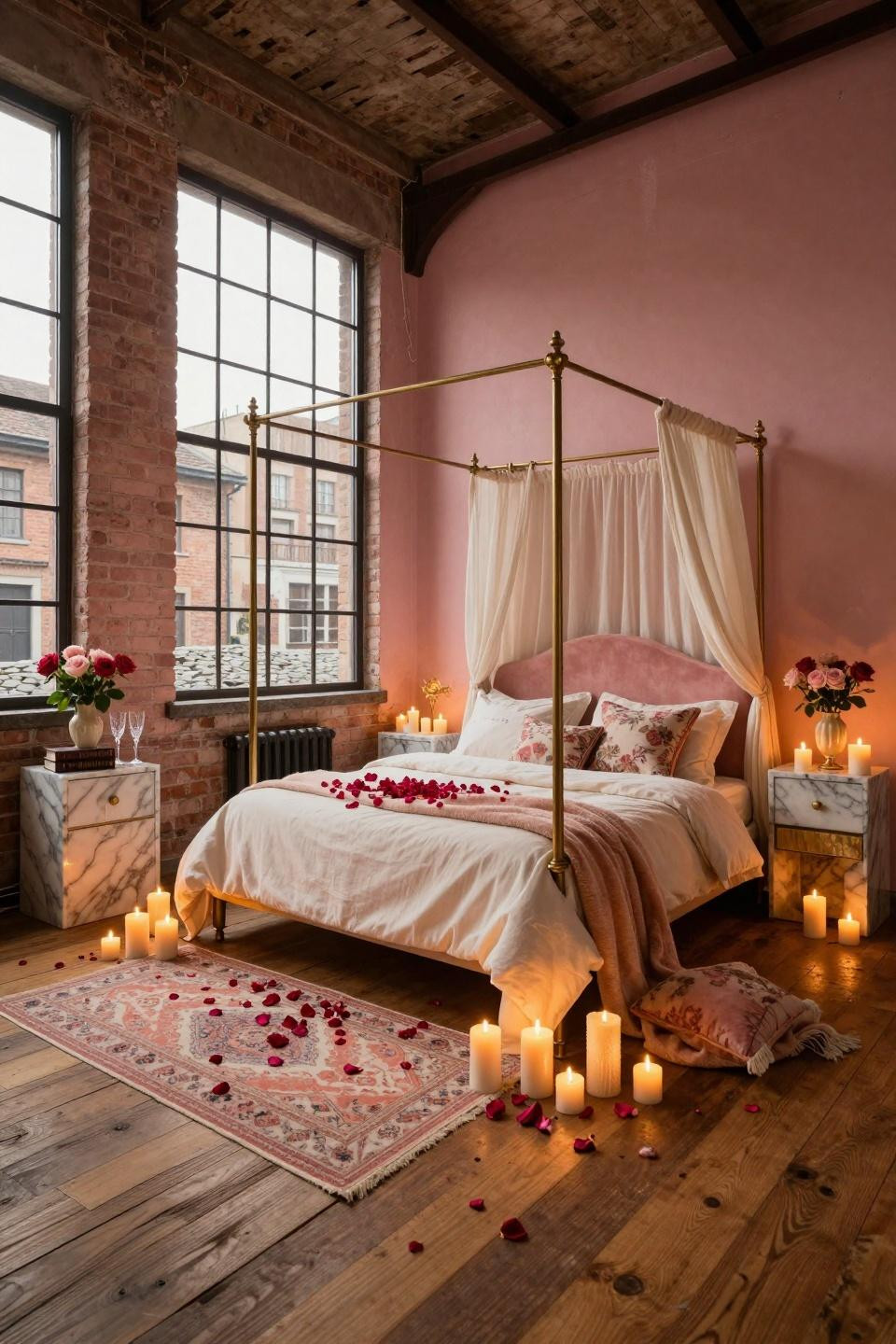 Valentine's Day home decor with brass four-poster and Persian runner