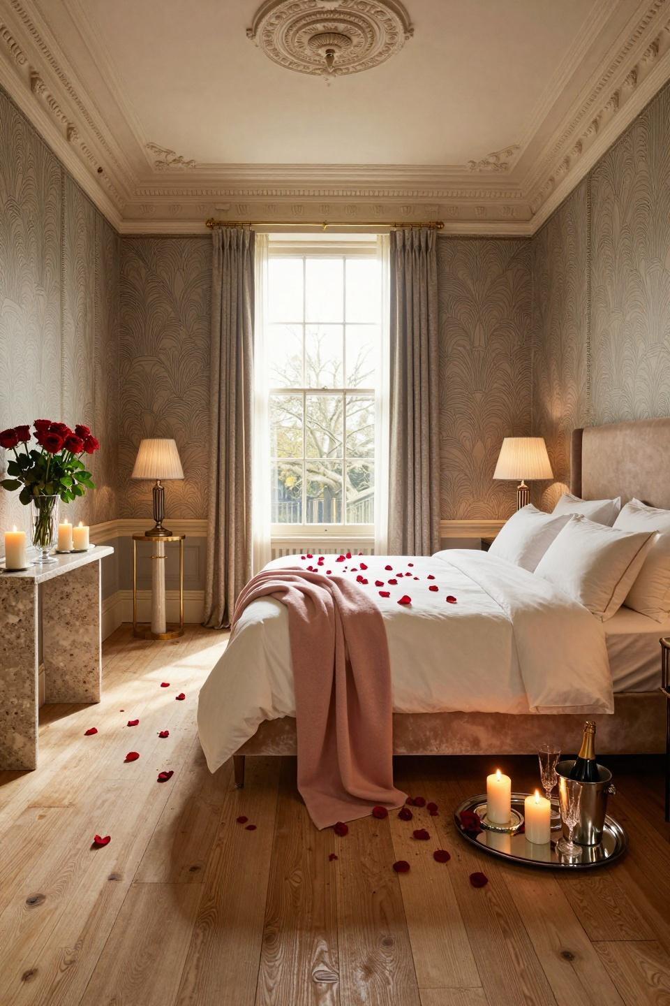 Valentine's Day home decor with B&B Italia bed and Art Deco silk wallpaper