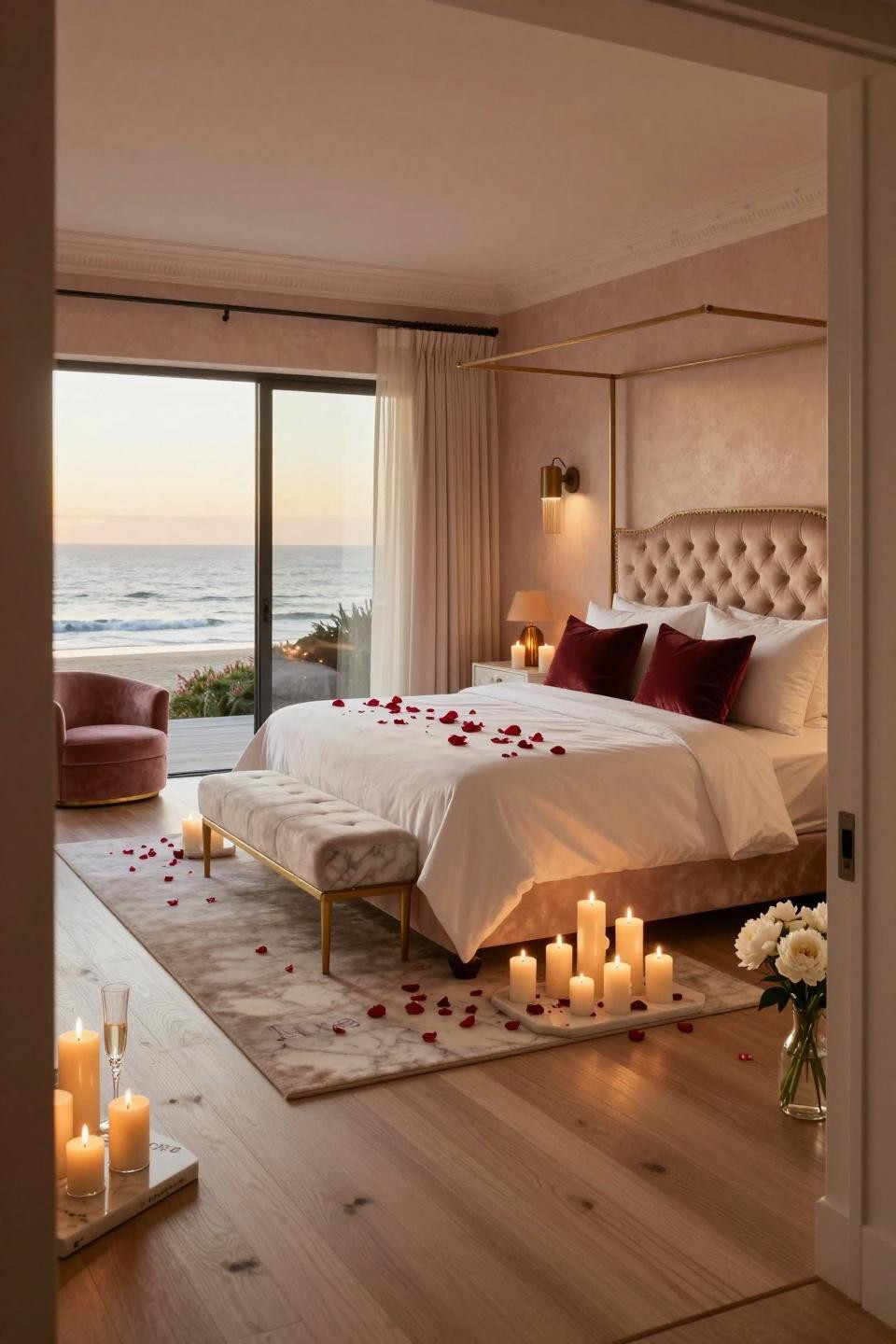Valentines house decor with Restoration Hardware canopy bed and Pacific views