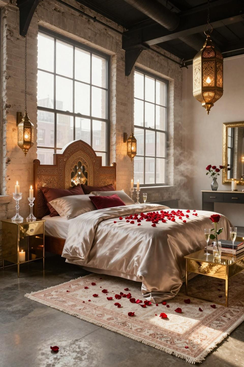 Valentines Day room decor romantic bedroom ideas with carved cedar headboard