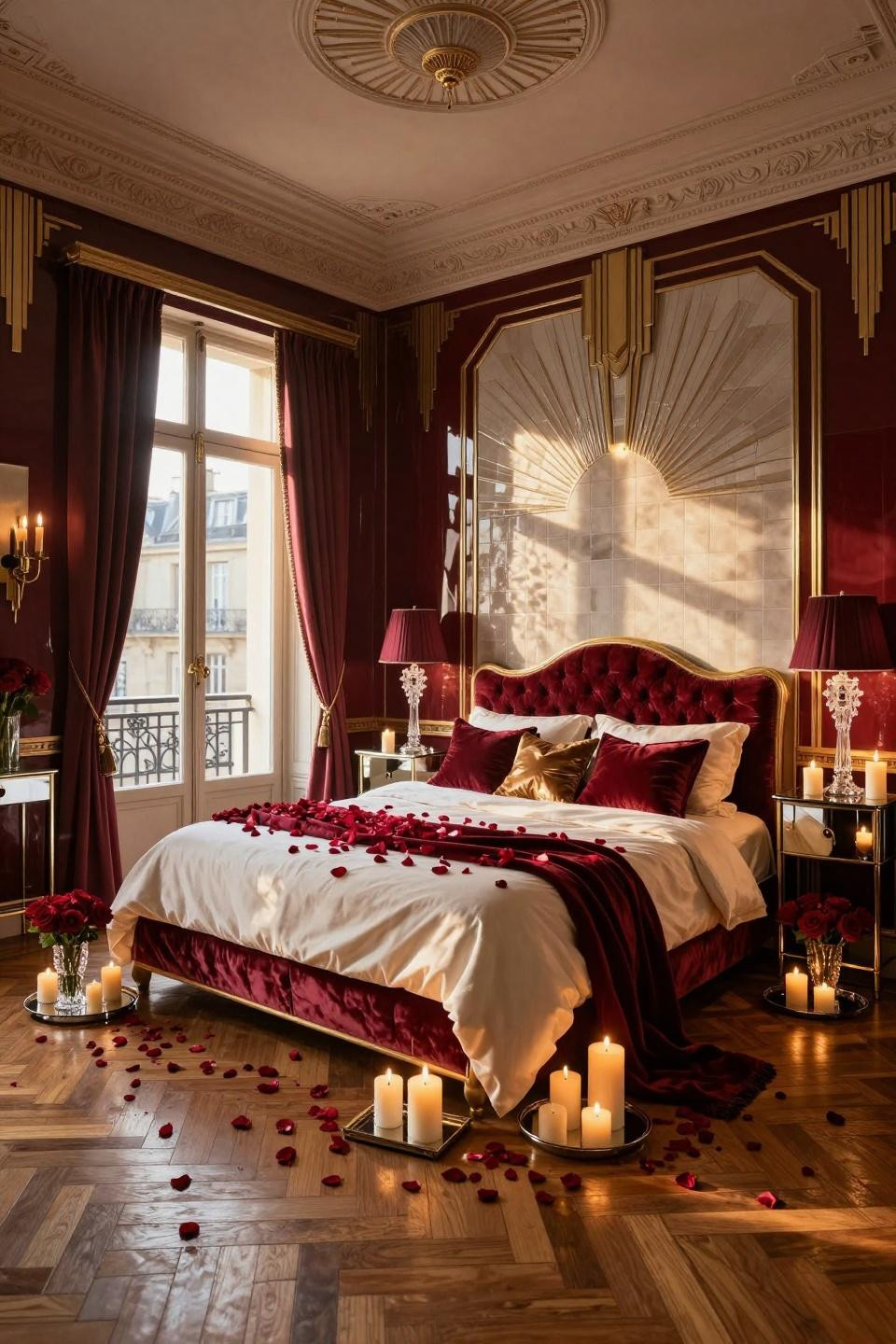 Valentine's Day aesthetic with lacquered burgundy walls and Baccarat crystal