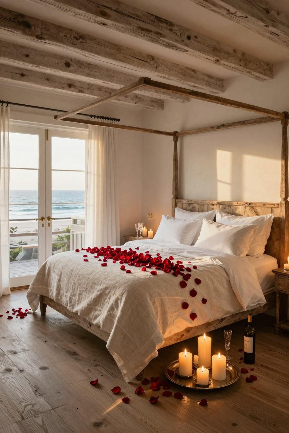 Valentine's Day bedroom decor with reclaimed wood four-poster and Belgian linen