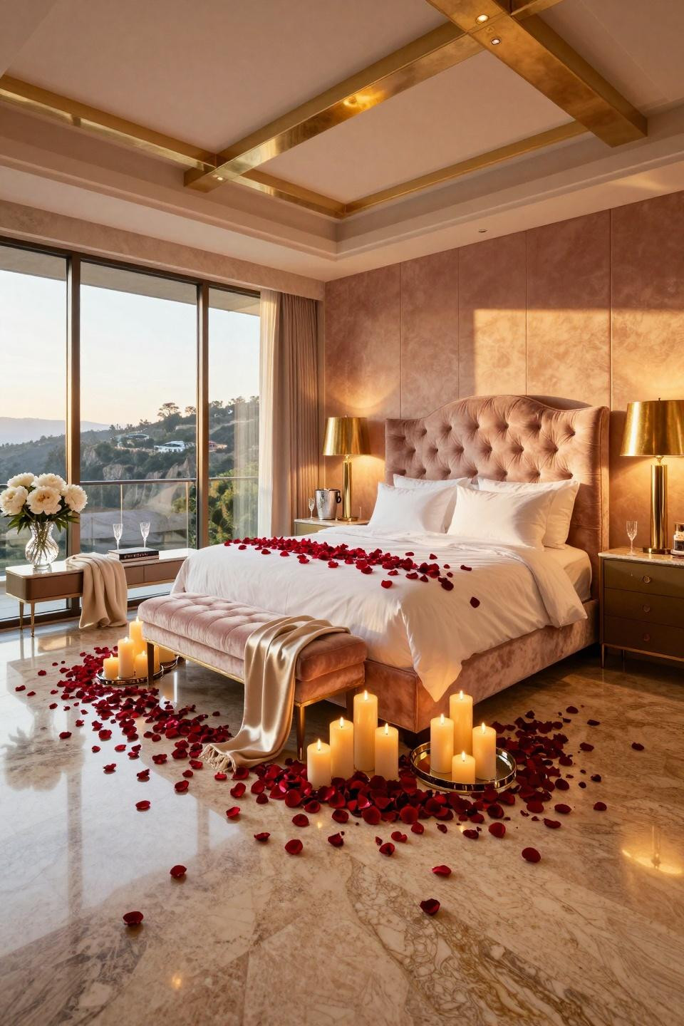 Valentines Day surprise with Kelly Wearstler lighting and champagne silk bedding