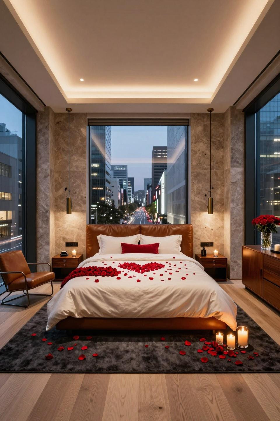 Valentine's Day hotel setup with Poliform bed and leather accent panels