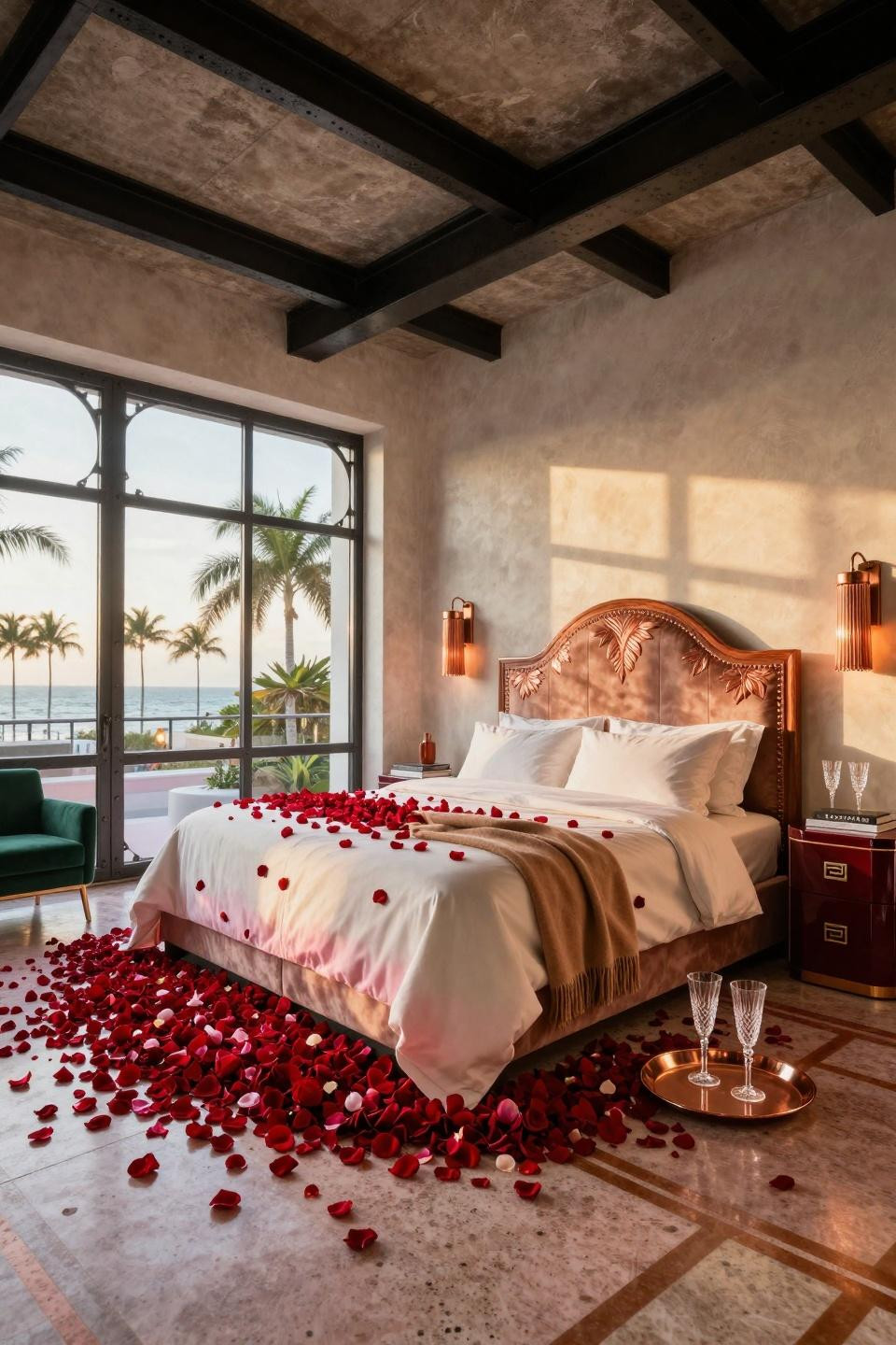 Valentines room decor for him with Christian Liaigre bed and rose petal cascade