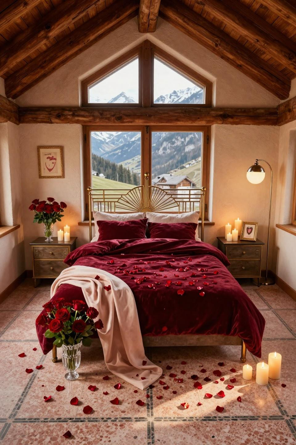 Valentines Day living room decor with Art Deco terrazzo flooring and velvet bed