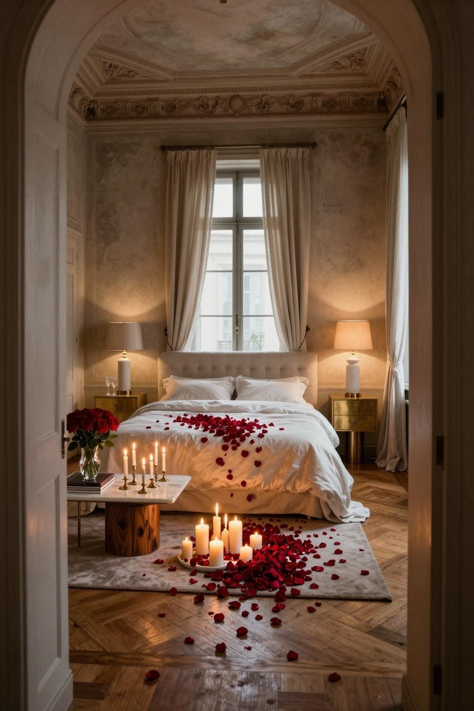 Romantic room surprise with cascading rose petals and candlelight in Milanese palazzo