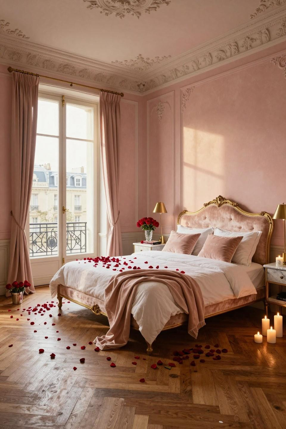 Valentines Day decorations bedroom with Calacatta marble nightstands and scattered rose petals