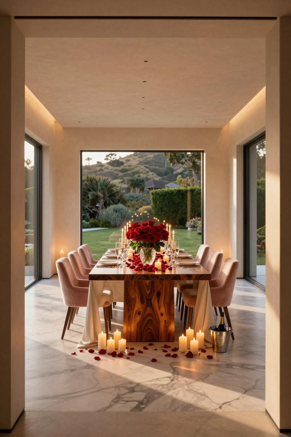 Valentines Day Hotel featuring book-matched walnut burl table with two hundred roses