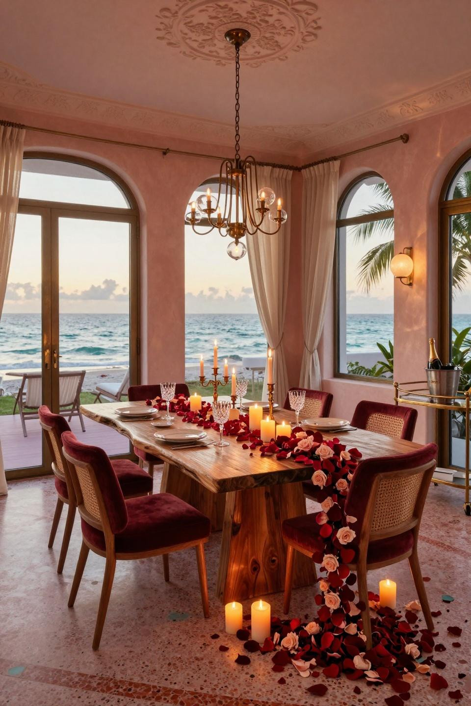 Valentines Day Hotel featuring backlit honey onyx table with 24k gold leaf inlay