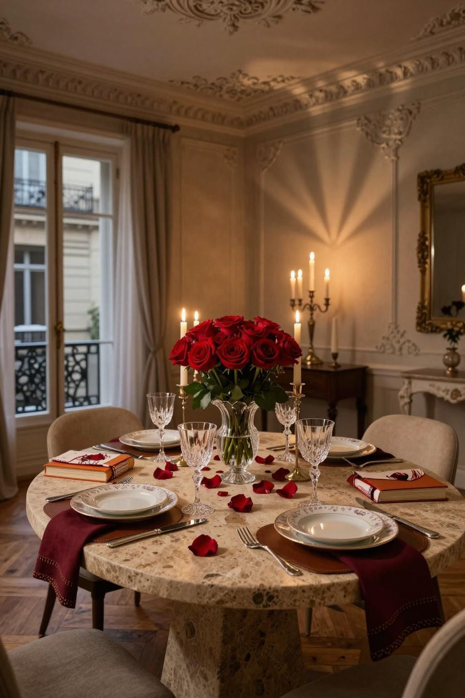 Valentines Day Set Up featuring honed limestone table runner with Lalique crystal centerpiece