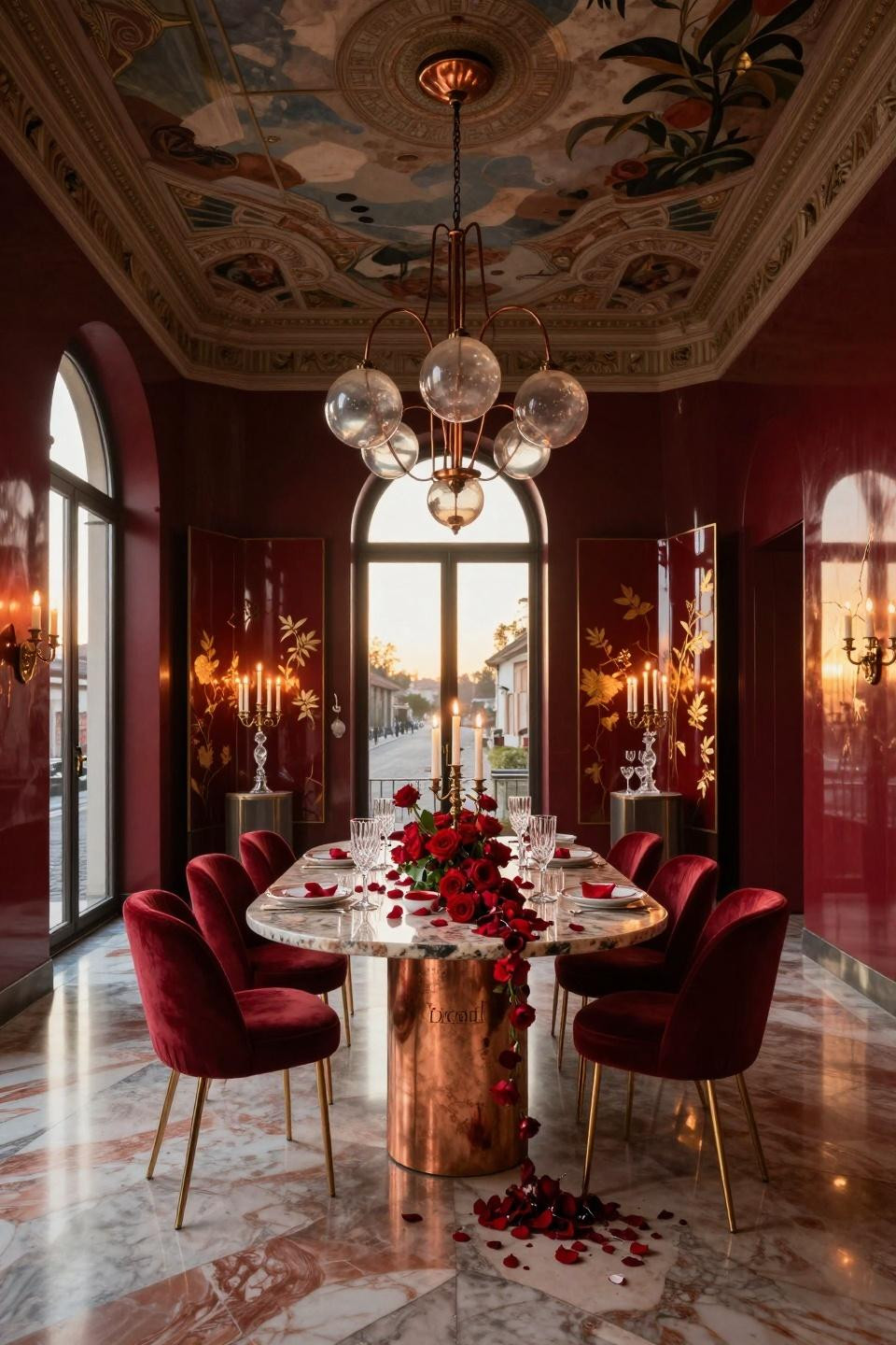 Valentines Day Hotel featuring aged teak live edge table with terrazzo Veneziano floors