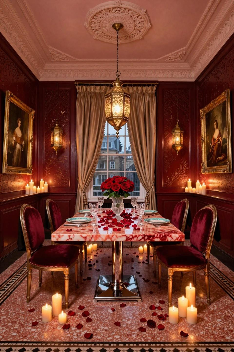 Valentines Day Decorations Hotel Room featuring aged copper table with rose gold quartzite