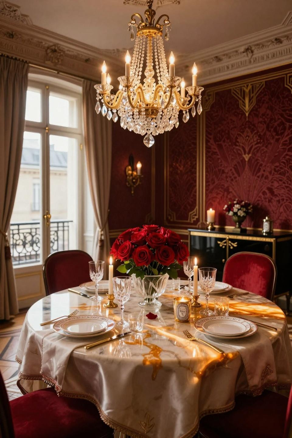 Valentines Table Decor featuring book-matched onyx table with backlit amber veining