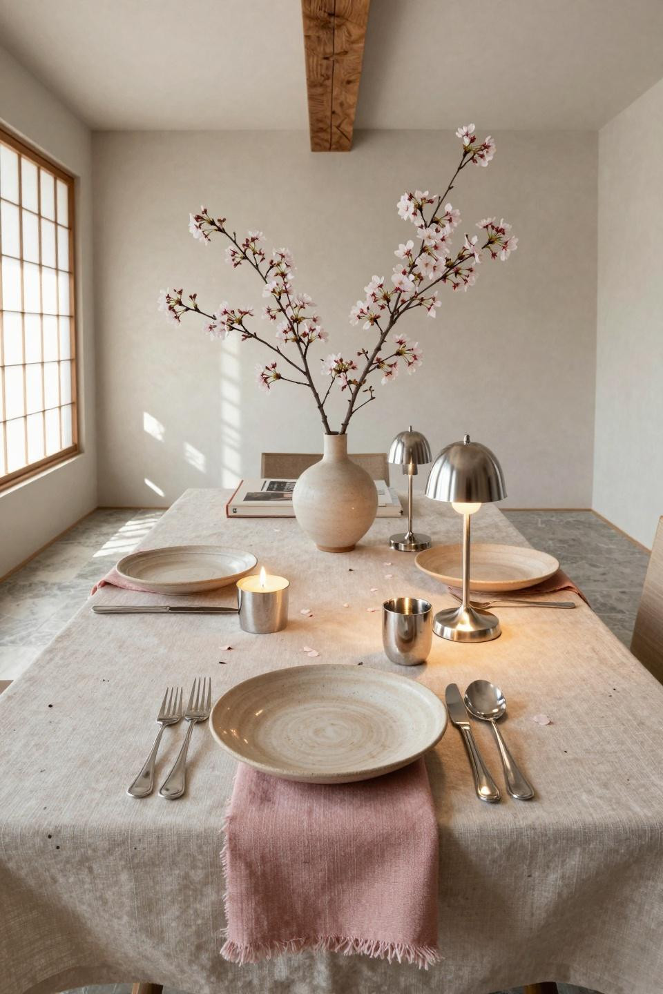Valentines Day Tablescapes with hand-thrown ceramic plates and cherry blossom ikebana
