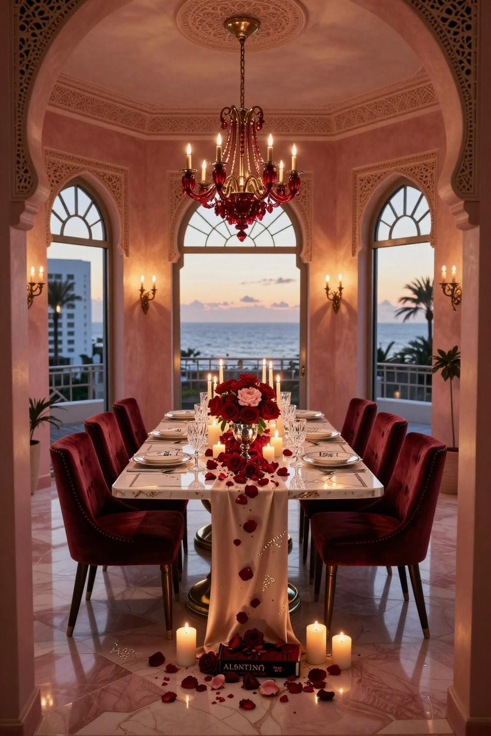 Valentines Day Tablescapes with book-matched porcelain and Lindsey Adelman Cherry Bomb chandelier