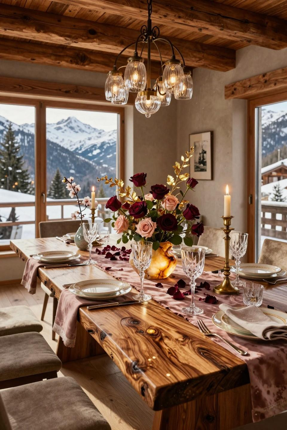 Valentines Day Tablescapes with book-matched walnut burl and 24k gold leaf branches