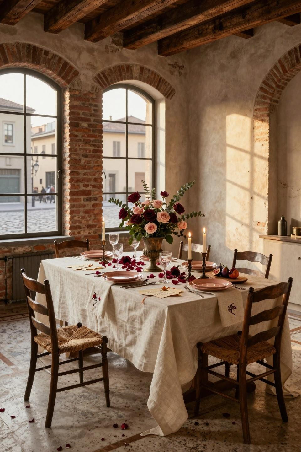 Valentine Dinner Table Setting with hand-thrown terracotta ceramics and weathered bronze