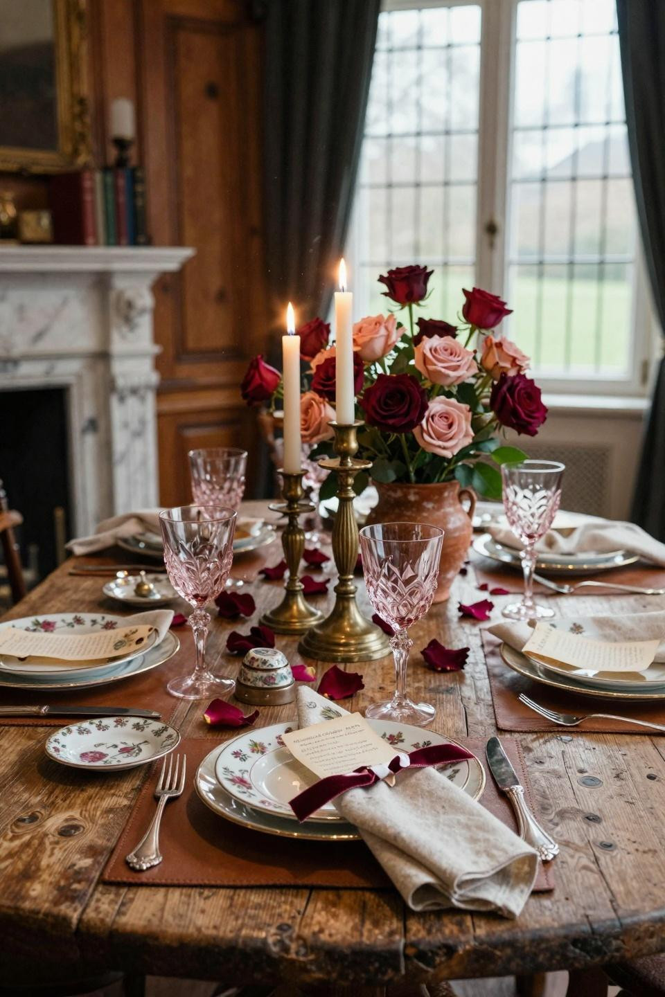Valentines Centerpiece Ideas with hand-carved French limestone and vintage Limoges porcelain