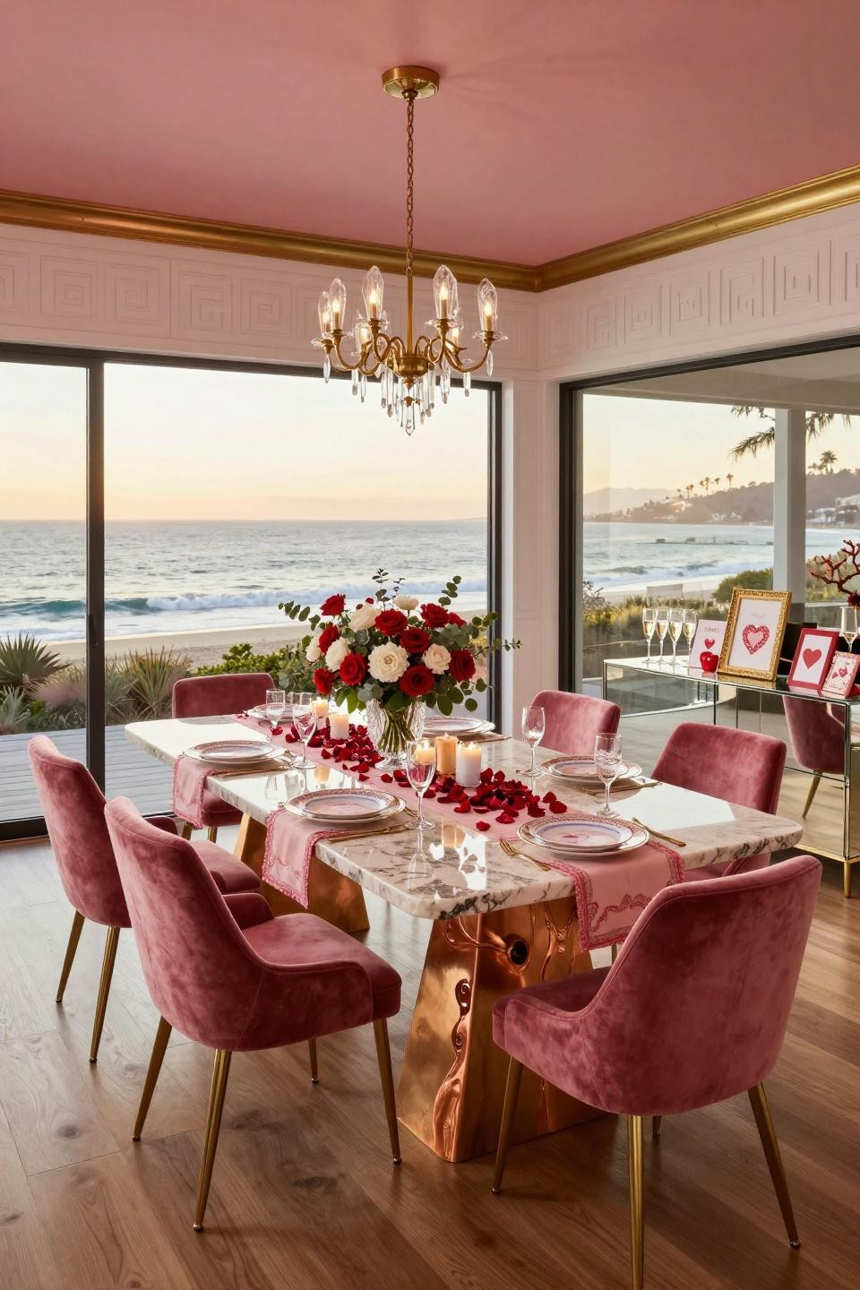 Valentines Table Centerpieces with live-edge copper inlay and Visual Comfort Vendome chandelier