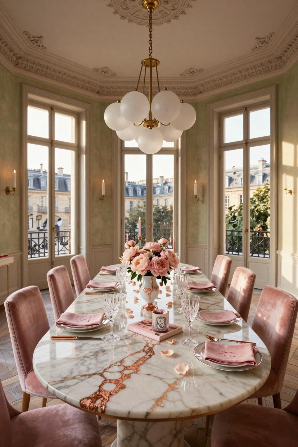 Valentine's Day Aesthetic with book-matched Calacatta Gold marble and Loro Piana velvet
