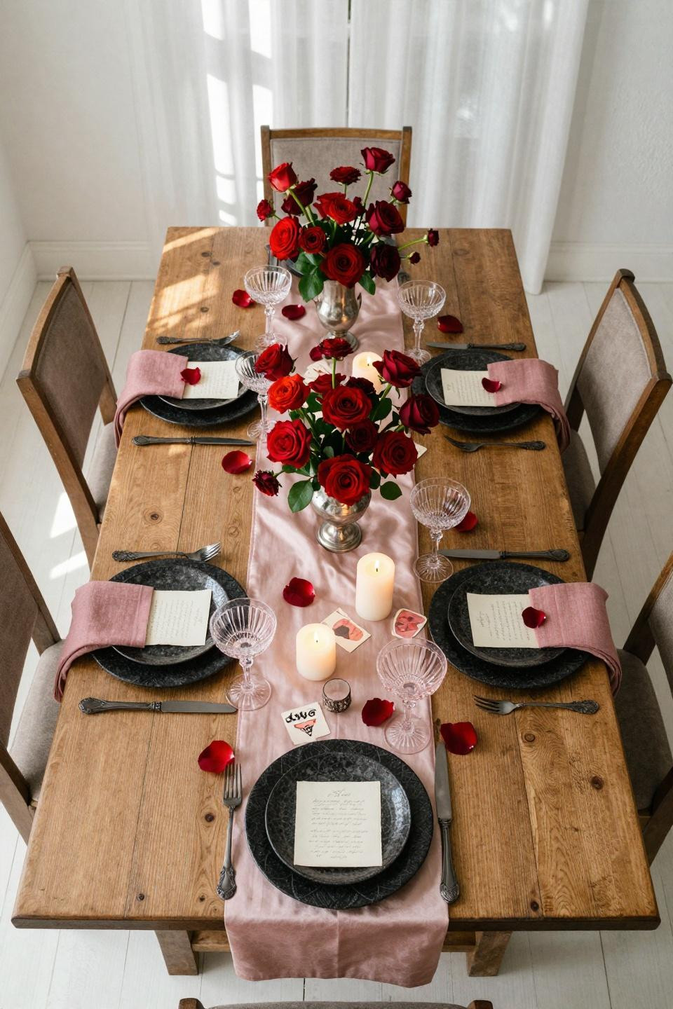 Vintage Valentines Decorations with Depression-era pink glass and antique silver vessels