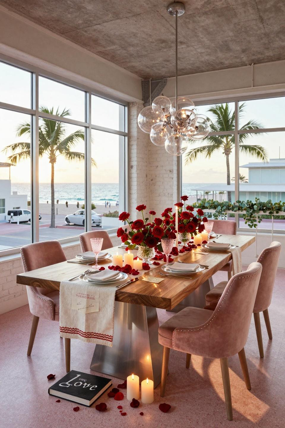 Valentines Day Centerpieces in Miami Art Deco loft with live-edge walnut and Holly Hunt chairs
