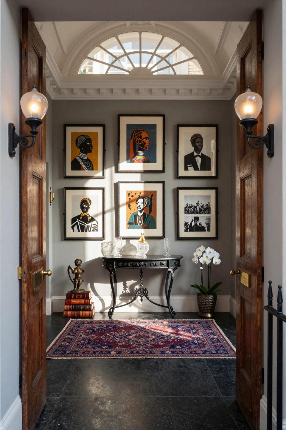 Black history month door decoration with Frederick Douglass and Maya Angelou portraits in iron frames
