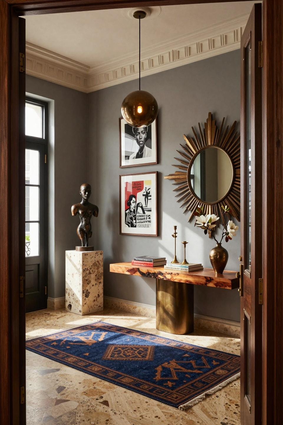 Black history month door decoration featuring Gordon Parks photography and Jacob Lawrence prints