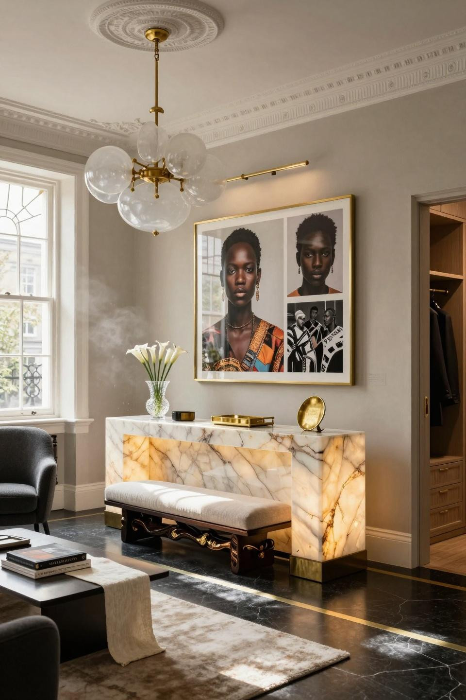 Black history month door decoration with backlit honey onyx console and brass triptych frames