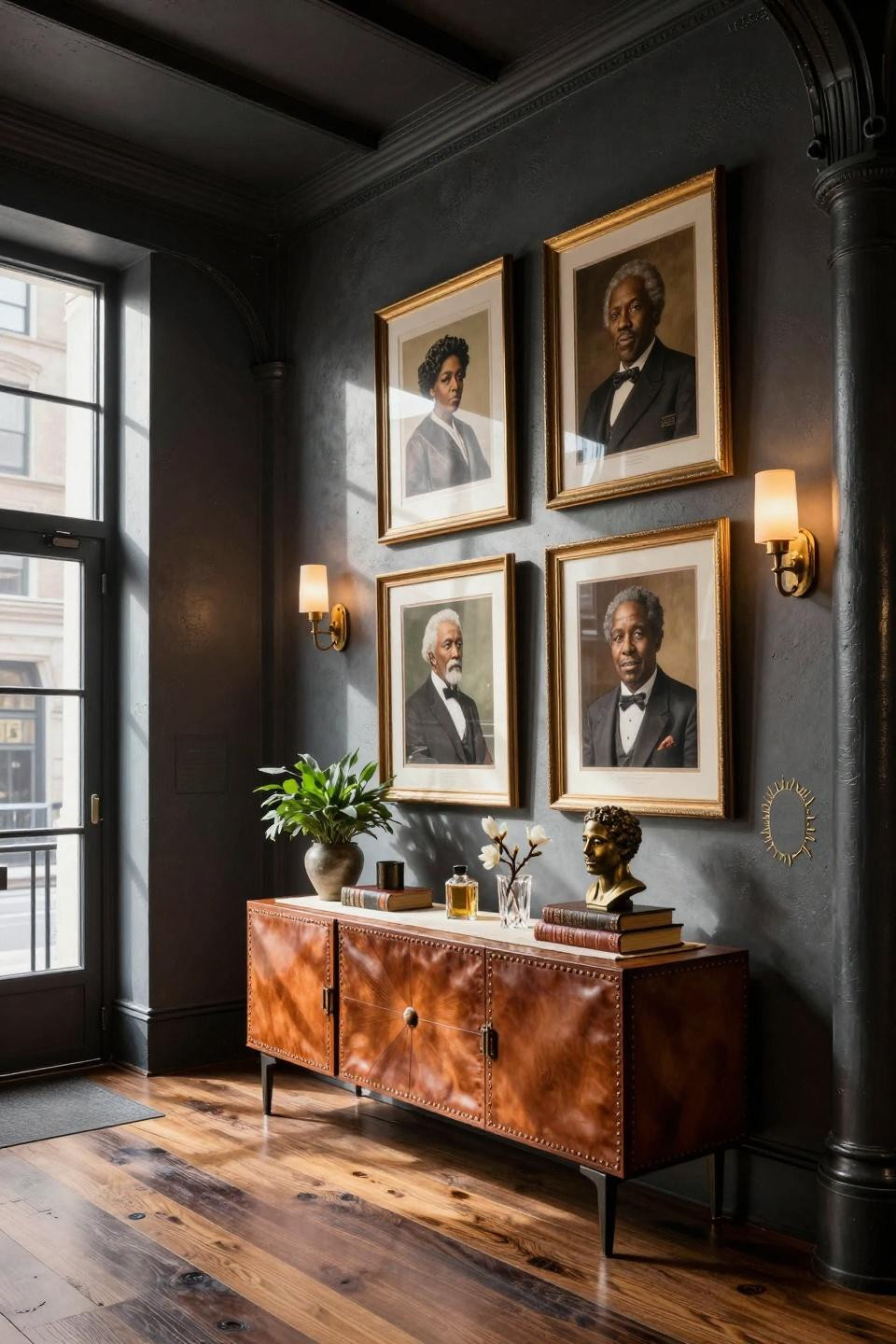 Black history month door decoration featuring framed portraits of Maya Angelou and James Baldwin