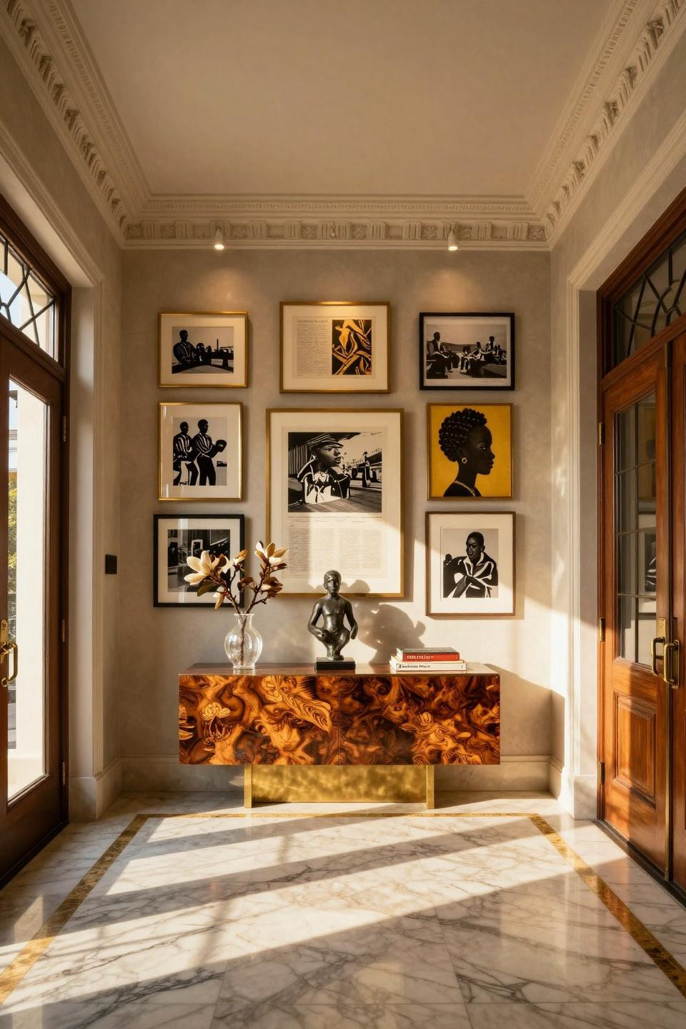 Black history month door decoration featuring Jacob Lawrence print flanked by Gordon Parks photography