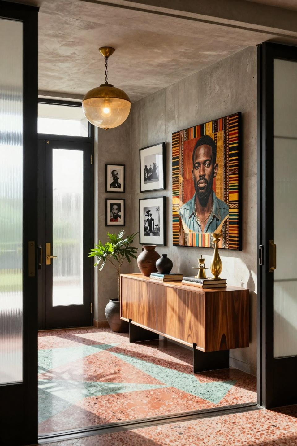 Black history month door decoration with kente and mudcloth textile art in South Beach villa