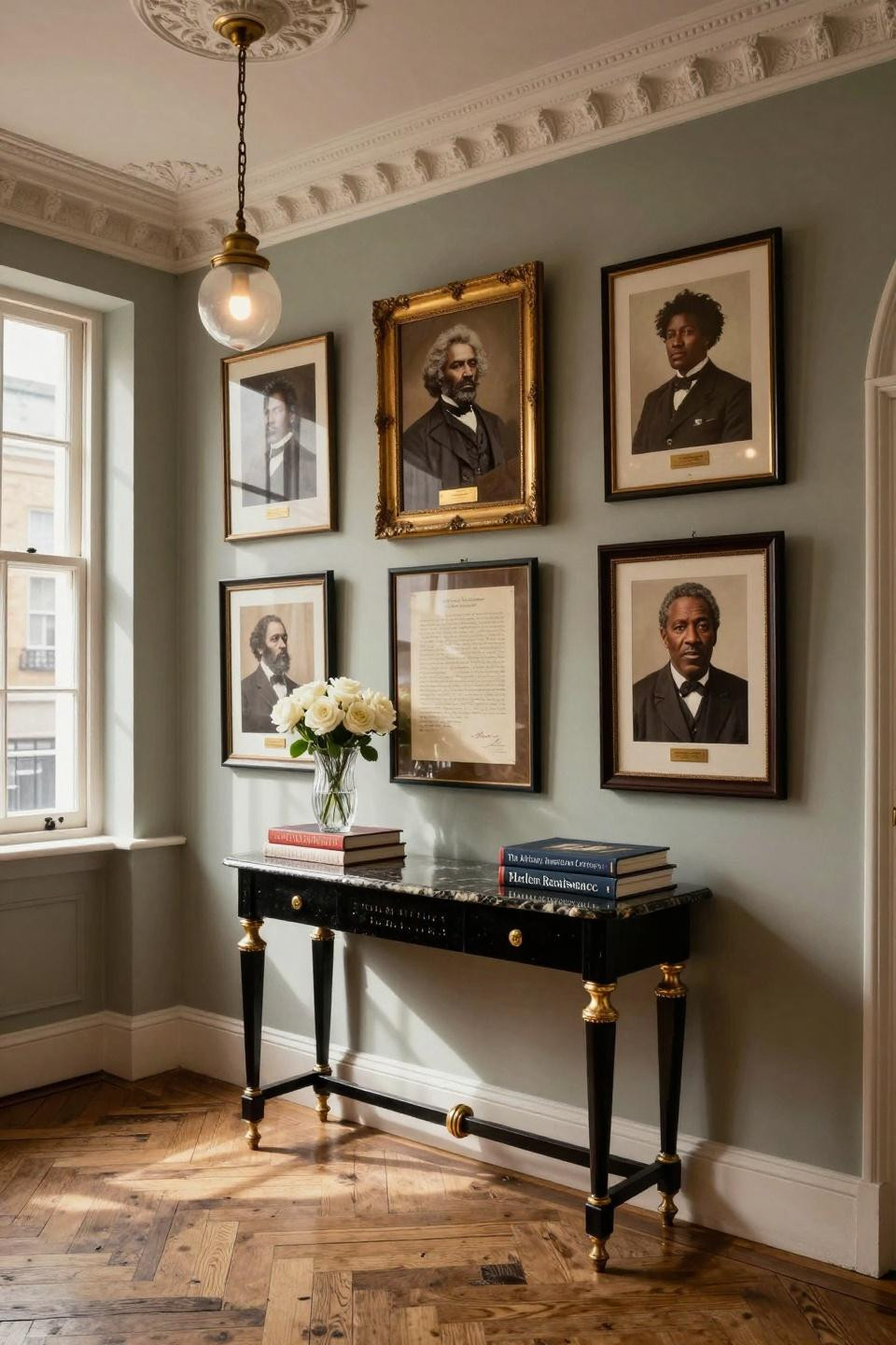 Black history month door decoration featuring Frederick Douglass daguerreotype in gilded frame