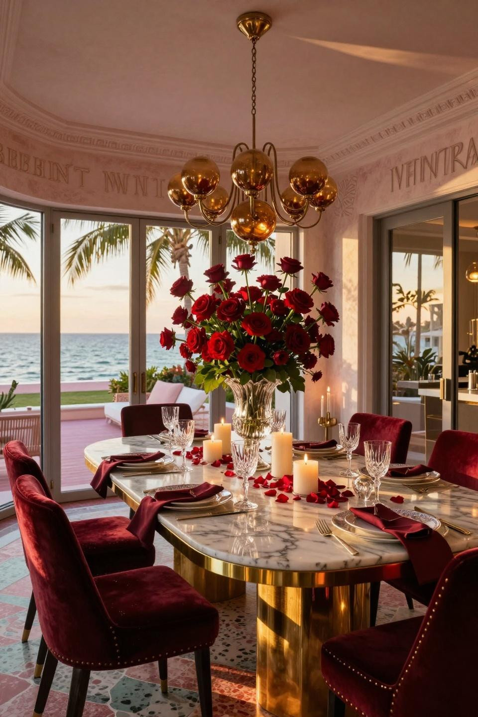 Valentines Day Tablescapes with Calacatta Gold marble and brass inlay