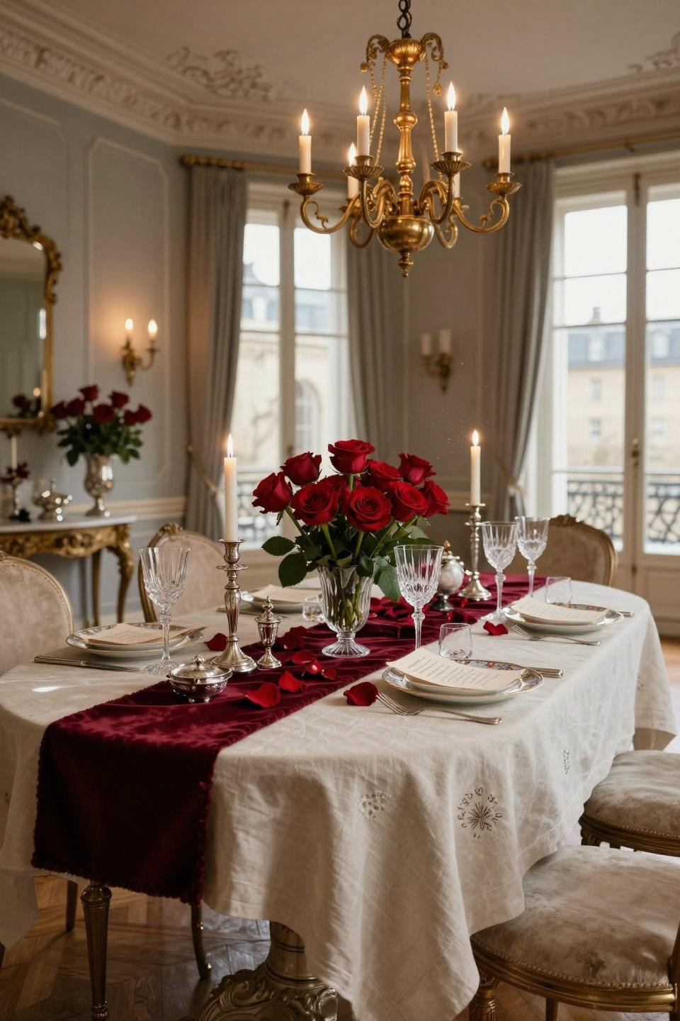 Valentines Day Tablescapes with French limestone and brass candelabras