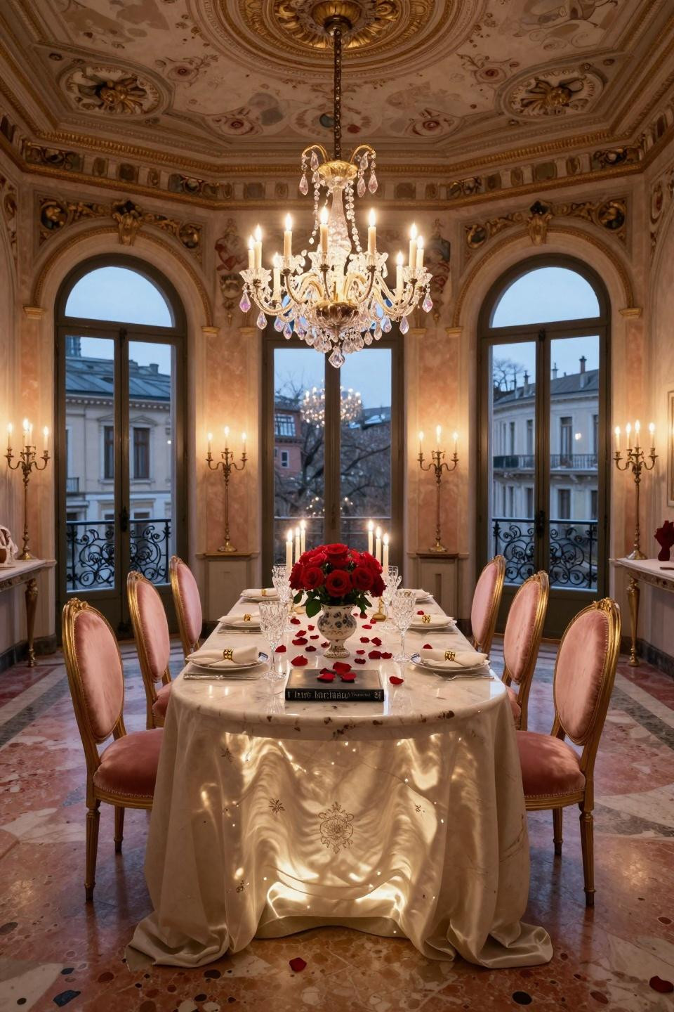 Valentines Day Tablescapes with book-matched onyx and Murano chandelier