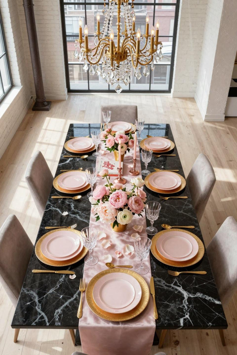 Valentines Day Tablescapes with black onyx table and rose gold chargers